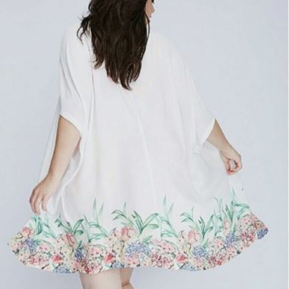 CACIQUE NWT Floral Border Kimono Swimsuit Cover-Up White Plus Size Resort 26 28 - Picture 1 of 10